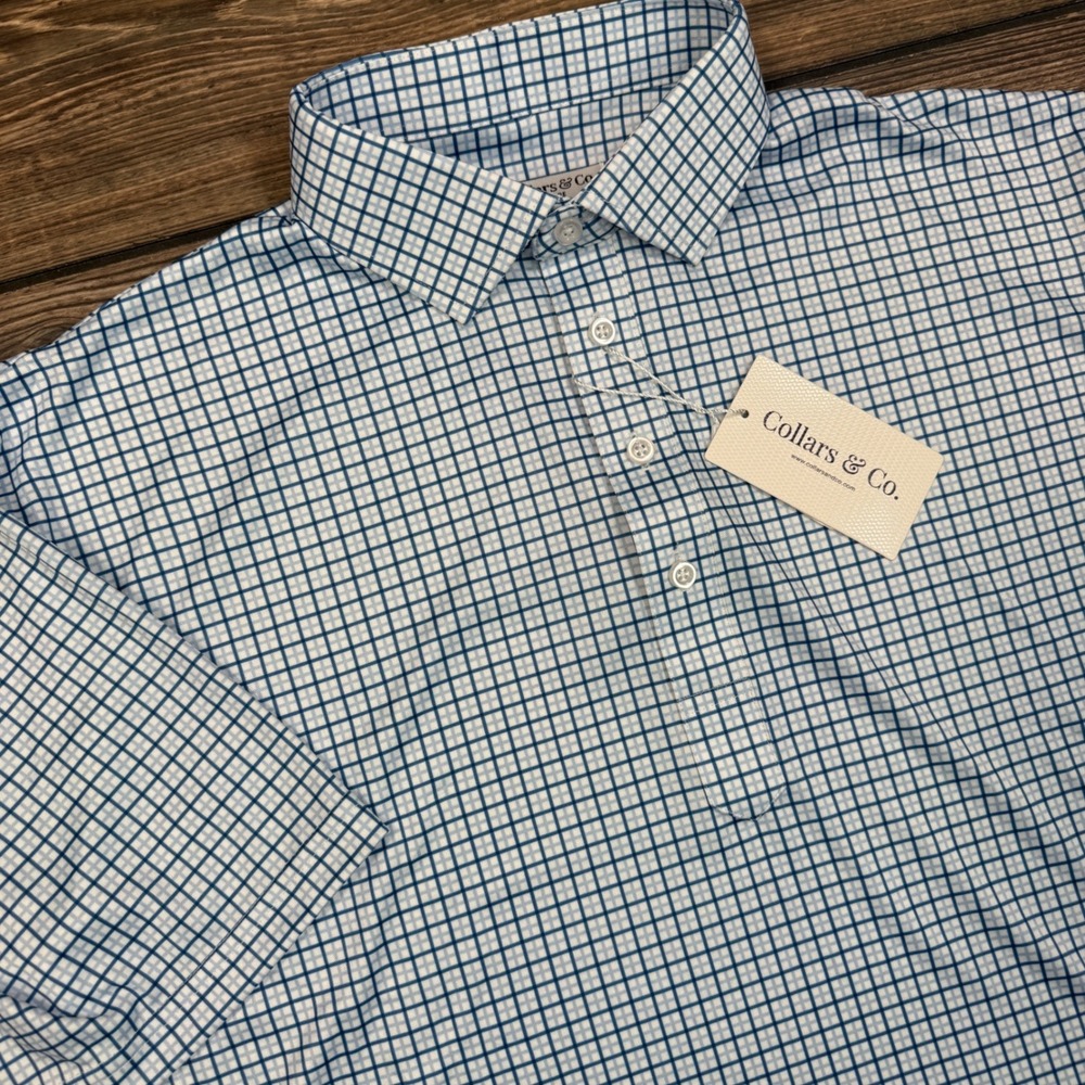 Collars & Co Mens LARGE Polo Shirt Blue White Tattersall Check Dress Collar NEW - Picture 3 of 10